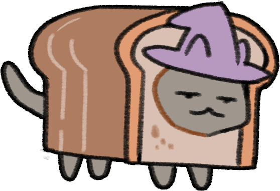 A grey cat wearing a wizard hat and robes who is inside a loaf of bread, looking tired.