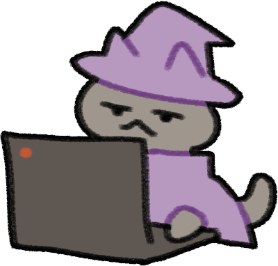 A grey cat wearing a wizard hat and robes and looking at a Thinkpad laptop.